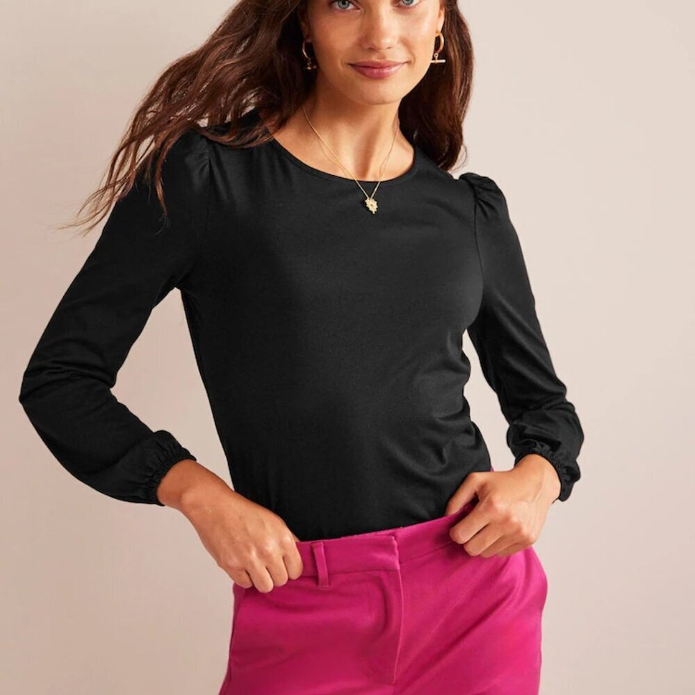 Boden Supersoft Black Long Sleeve Top Puff Shoulder Women's Size 6 EUC